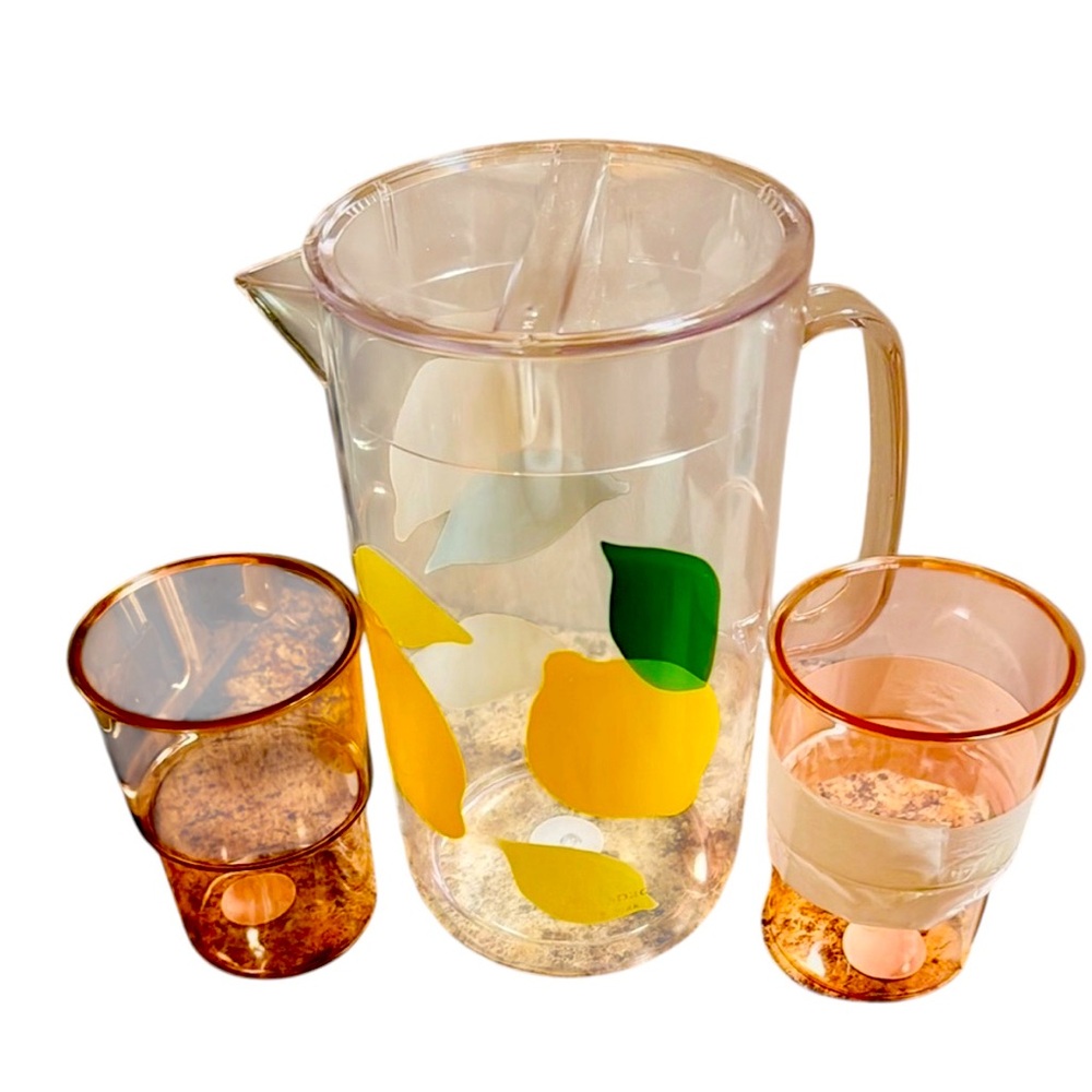 Hard plastic Kate Spade Designer Lemon Print Pitcher with Two cups(easy storage)
